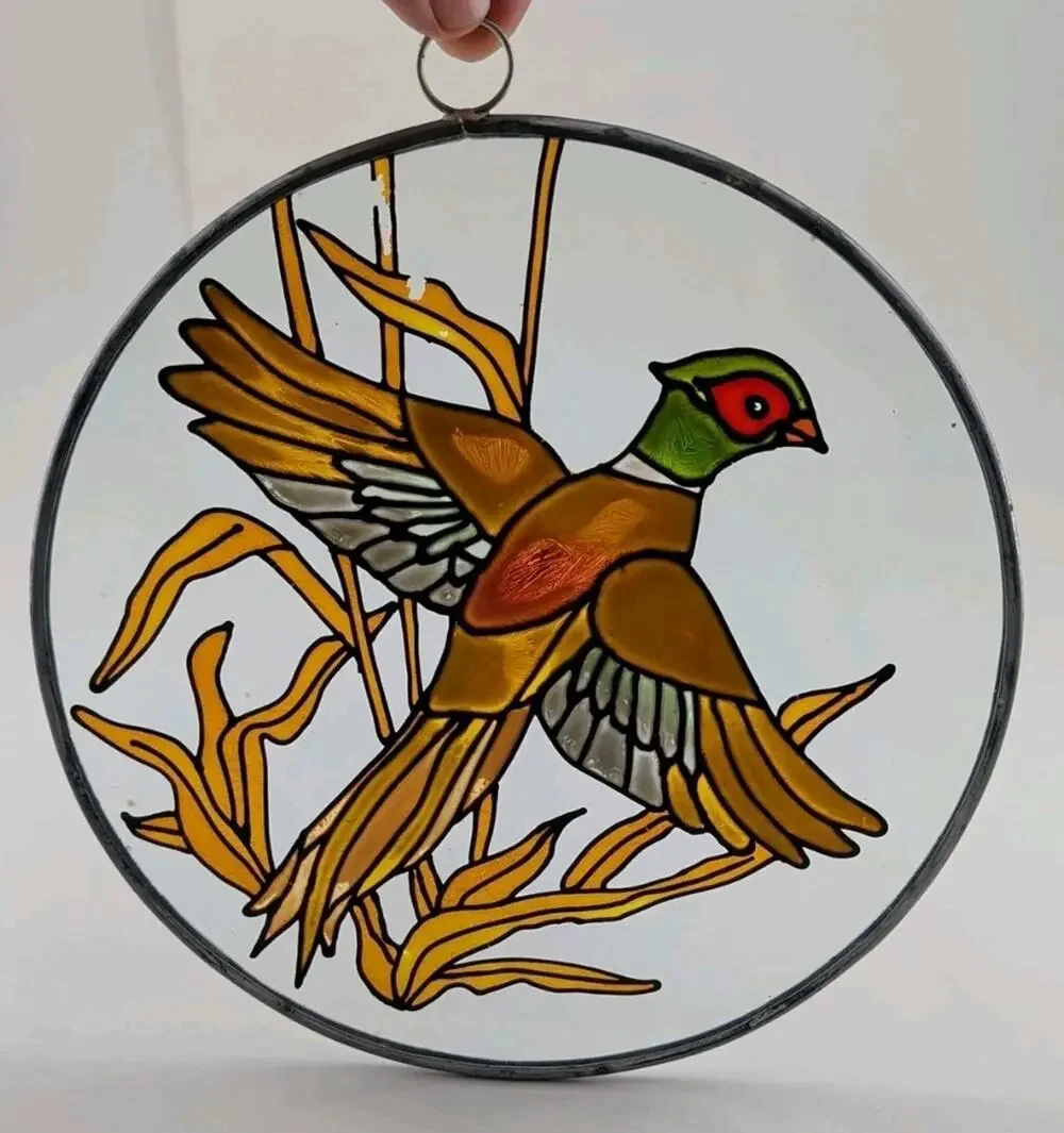 Vintage Round Stained Glass Suncatcher Pheasant Bird Window Hanging Art Leaded