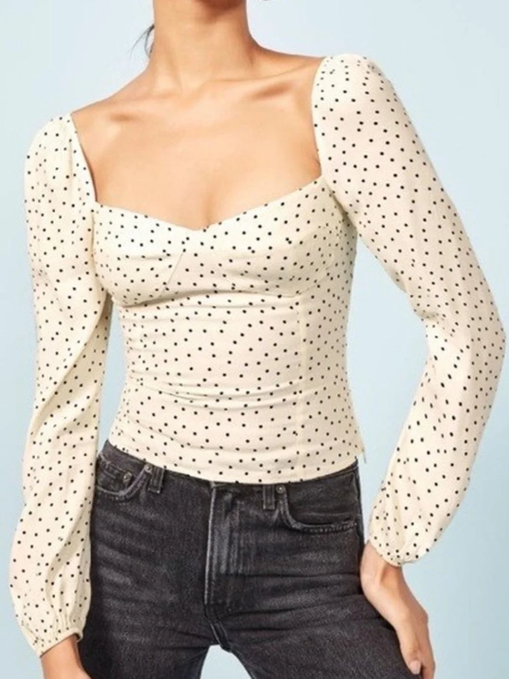 Reformation Reign Cream Polka Dot Sweetheart Long Sleeve Top