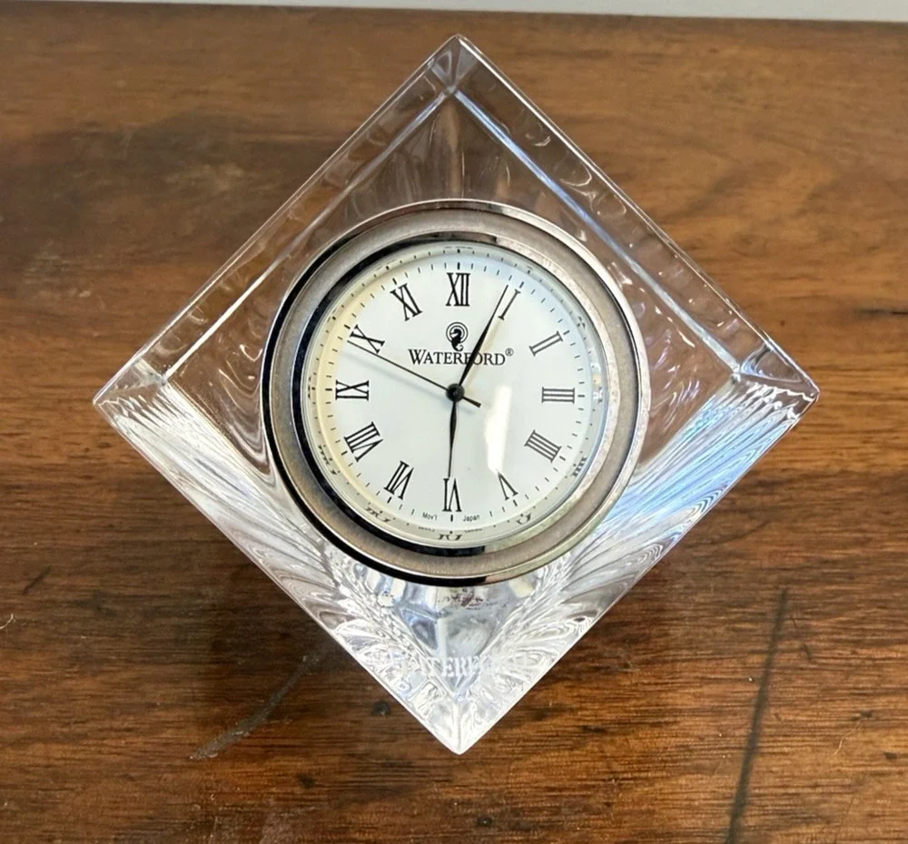 Waterford Crystal Meridian Desk Clock Diamond Cube Fan Cut Quartz Vintage 3.6