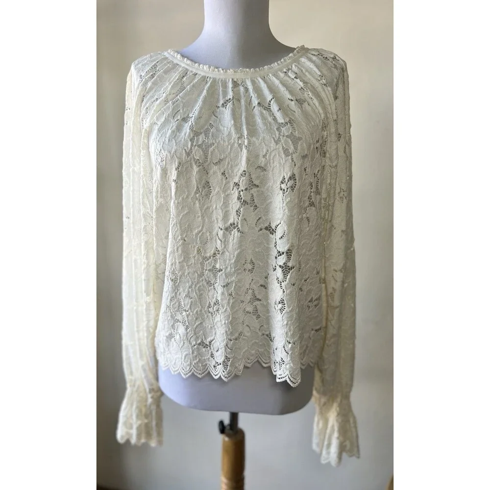 Free People White Lace Ruffle Sleeve Round Neck Women's Blouse Size S
