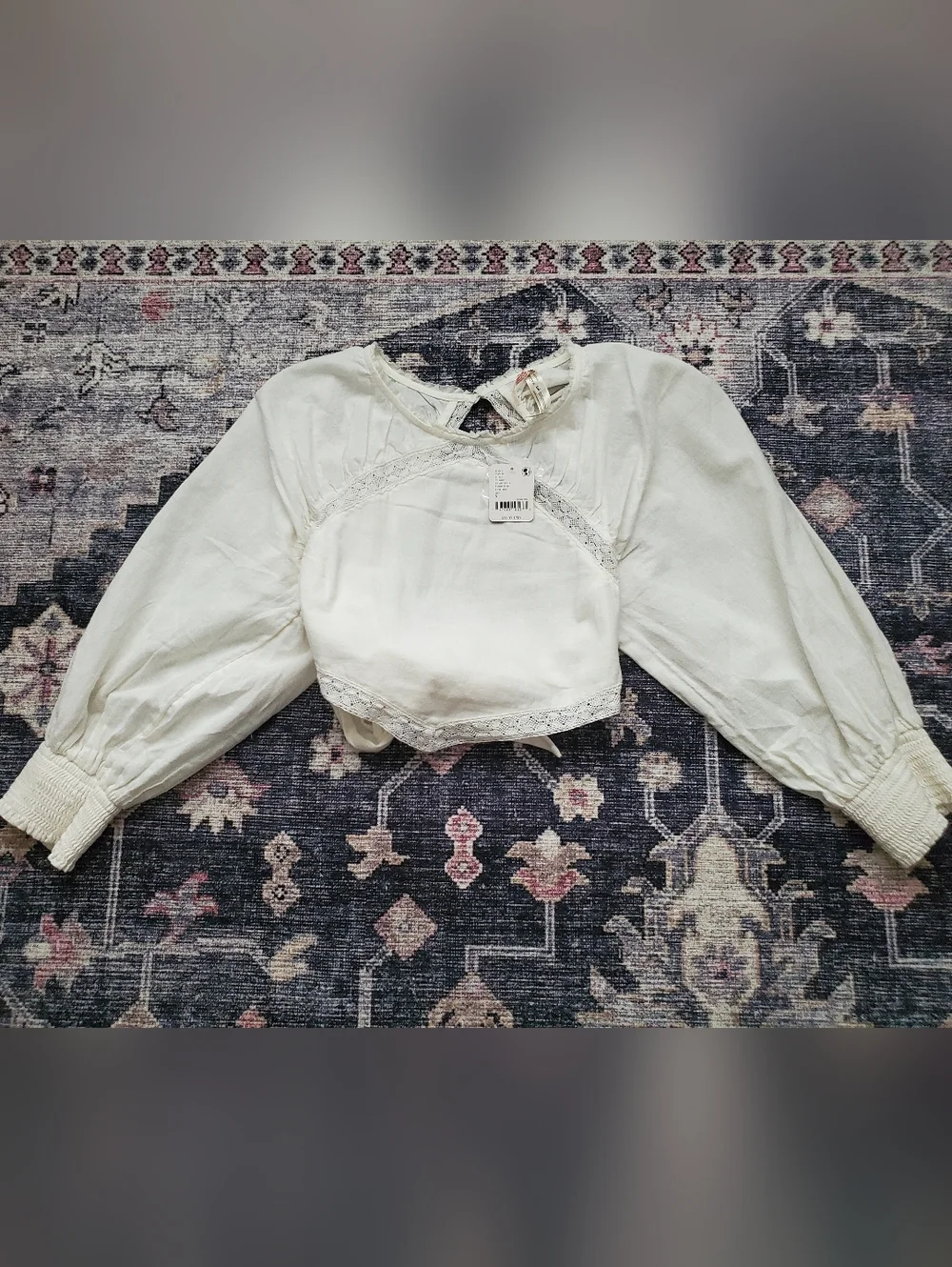 Free People Ivory Lace-Trim Puff Sleeve Crop Top