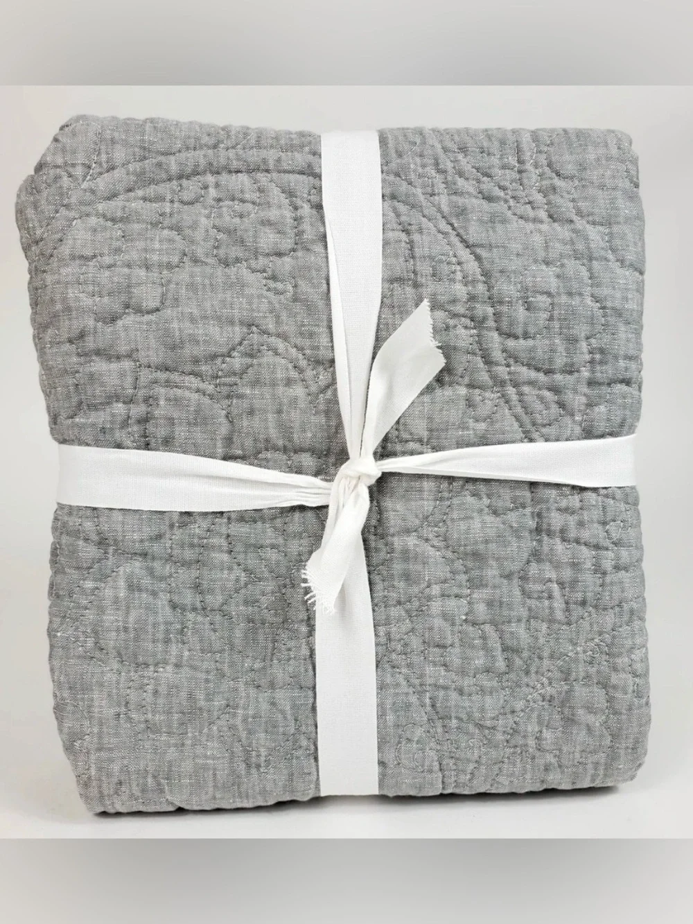 Set of 2 Pottery Barn Belgian Linen Floral Stitch KING Shams Flagstone