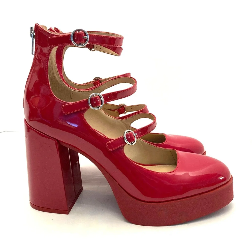 Steve Madden Quad Heels Red Patent Faux Leather Platform Womens 10 Straps Chunky