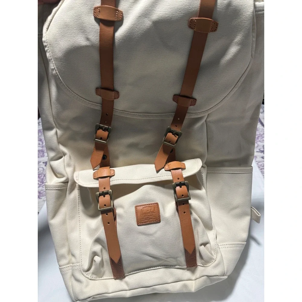 Herschel Little America Backpack Heavyweight Canvas Cream Tan Leather NWT $190