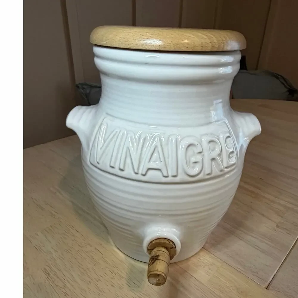 Revol France White Porcelain Vinaigre Vinegar Crock Dispenser Wooden Lid