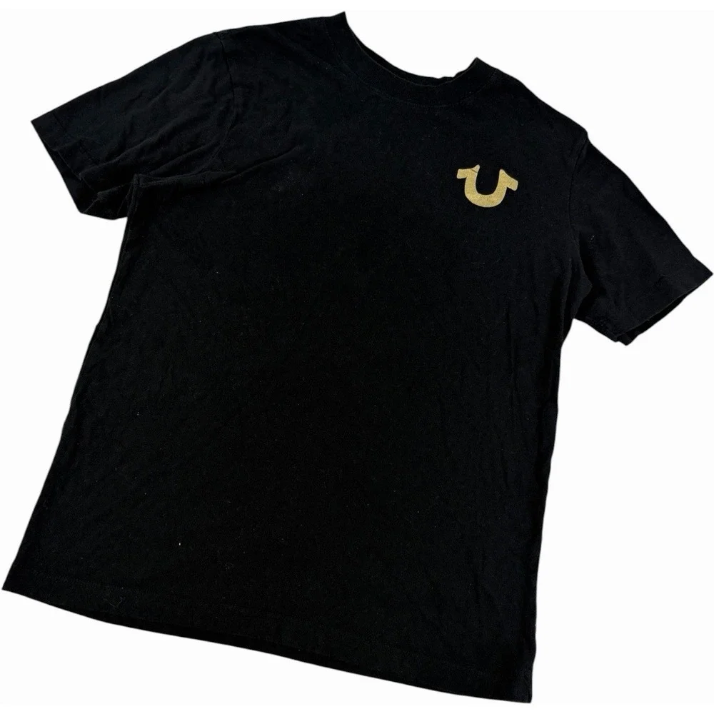 True Religion Mens Black Crew Neck T-Shirt Gold Metallic Horseshoe Logo Small