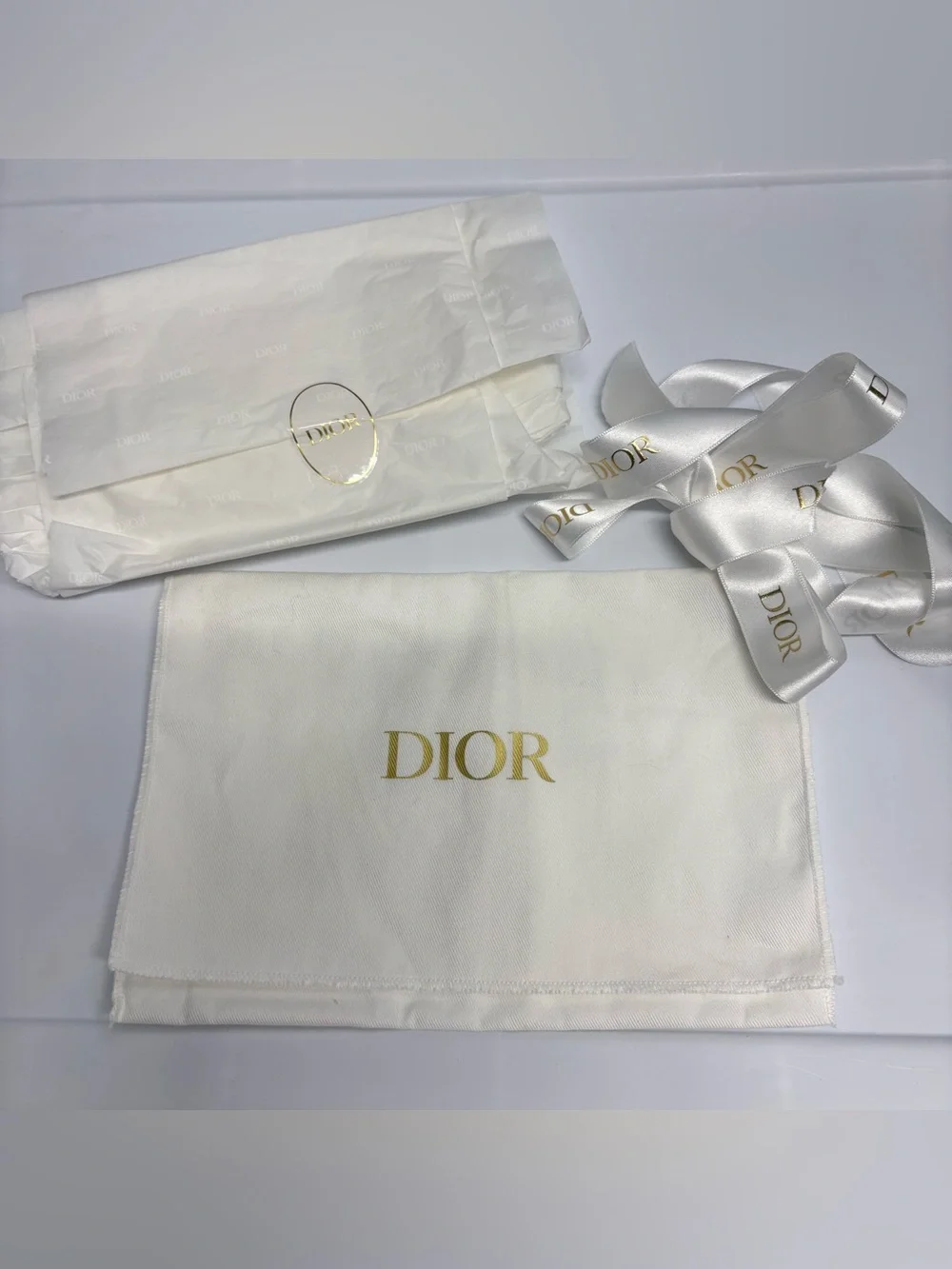 Dior White Satin Logo Dust Bag with Gold Print and Ribbon