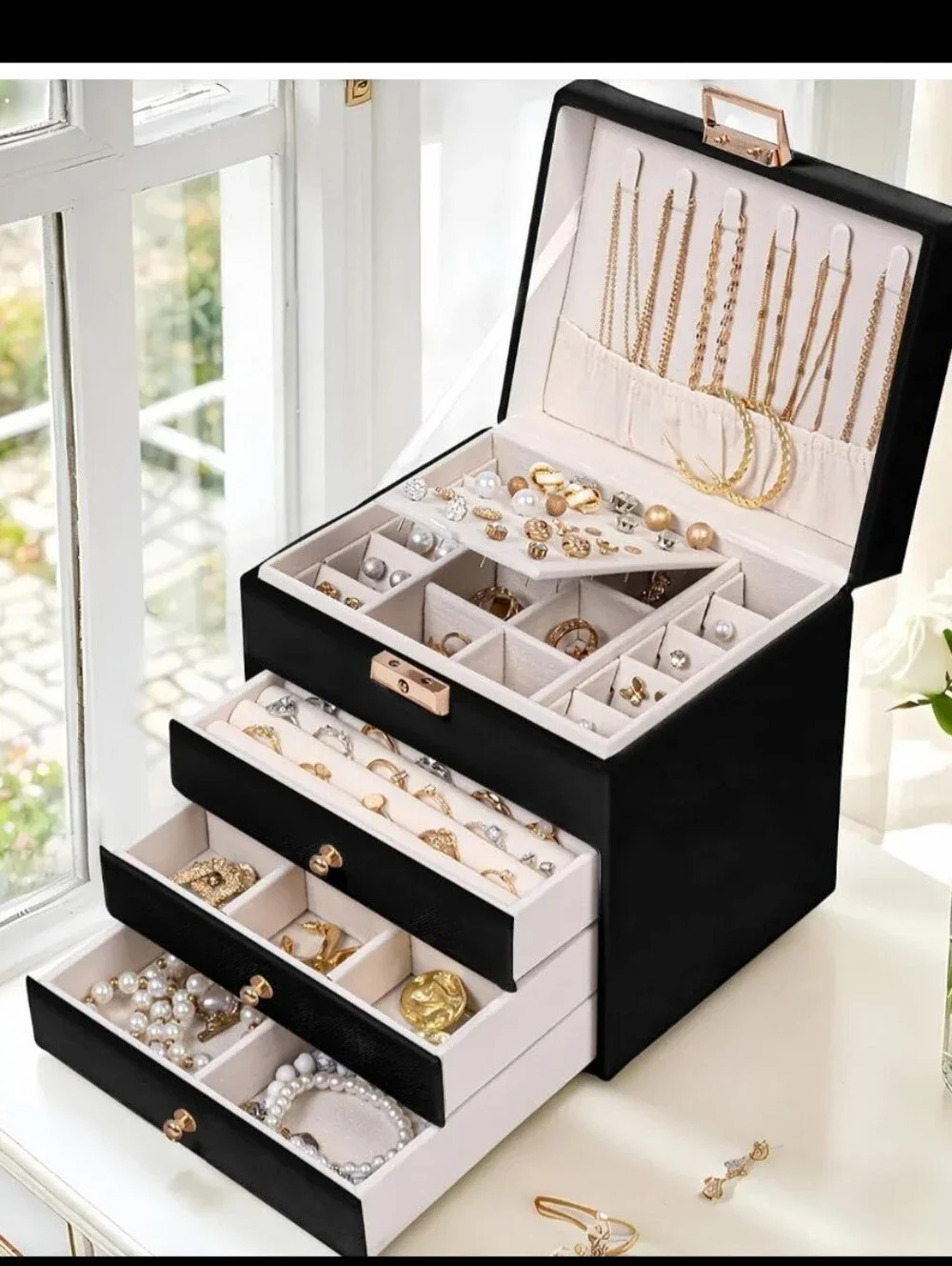 Black Jewelry Box with Cream Interior - Elegant Multi-Tier Organizer