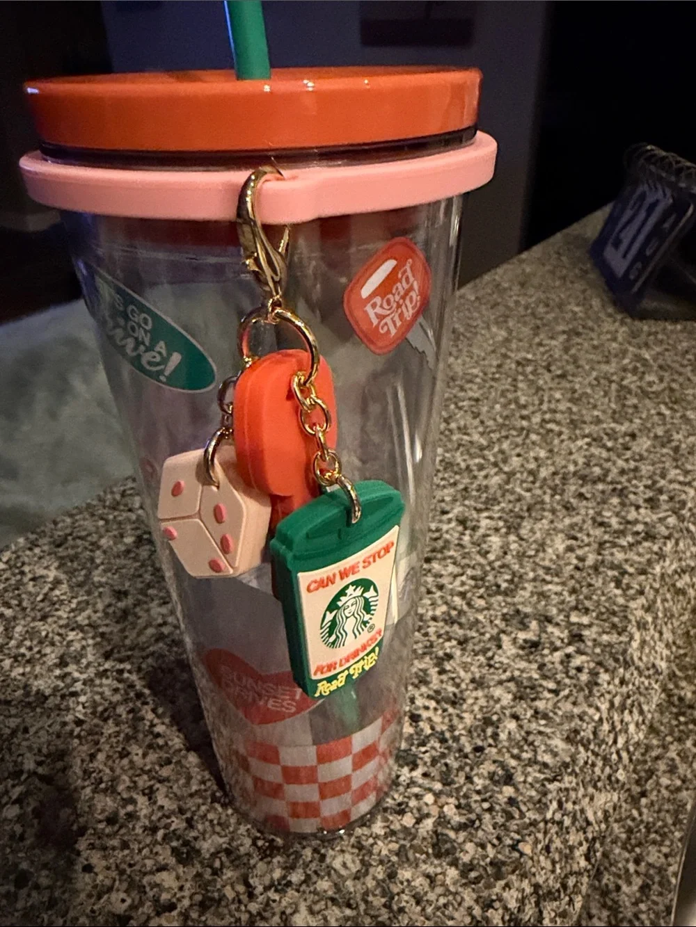 Starbucks Pink & Orange Acrylic Tumbler with Green Charm Road trip nwt