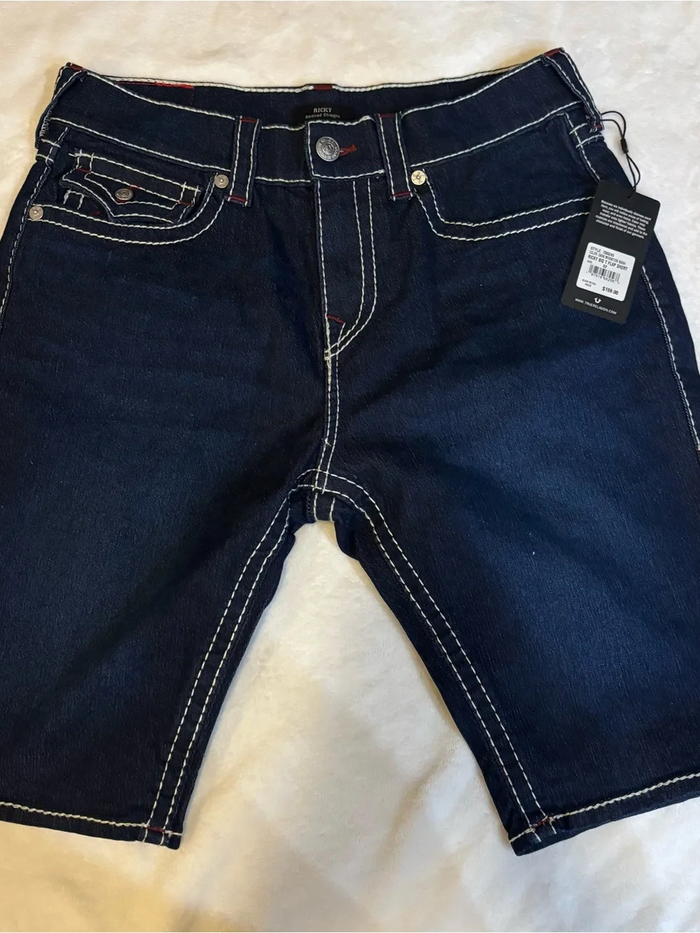 True Religion Men’s Dark Indigo Denim Shorts with Contrast Stitching