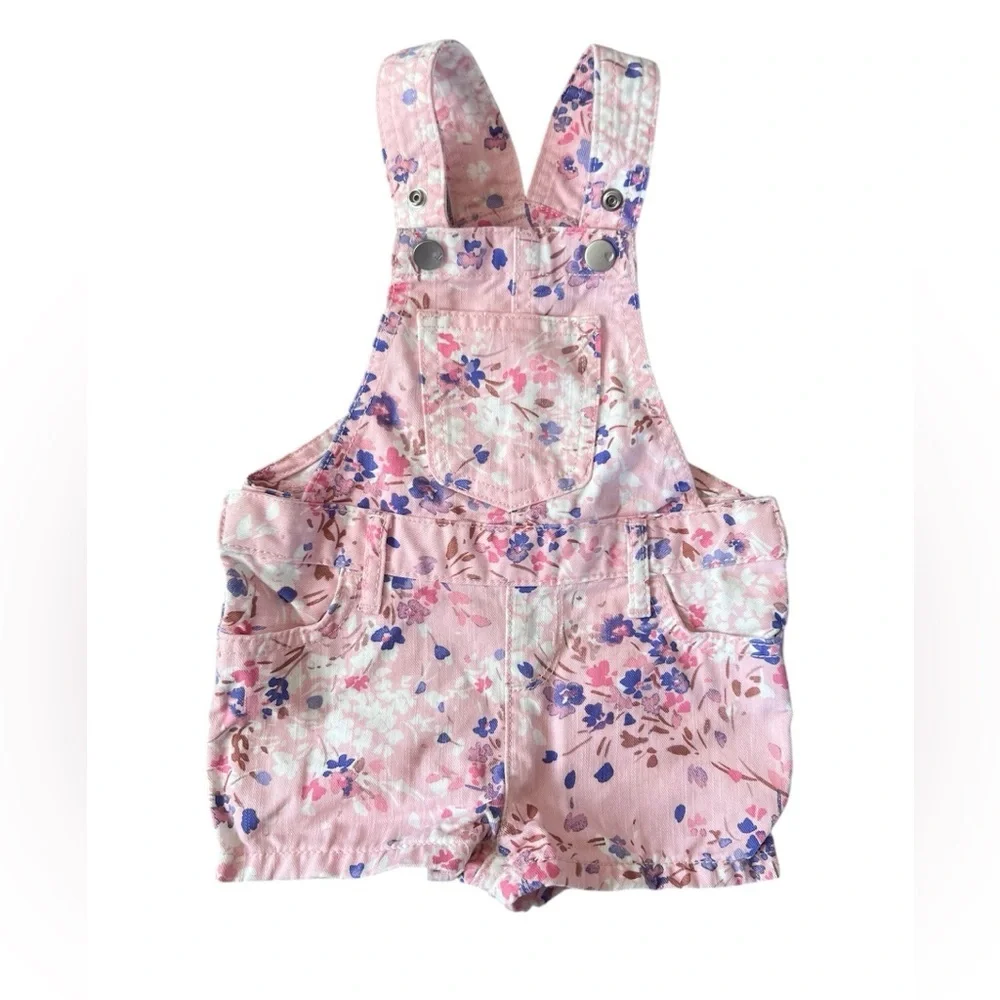 Children’s Place Baby Girl Pink Floral Denim Shortalls | 9-12M