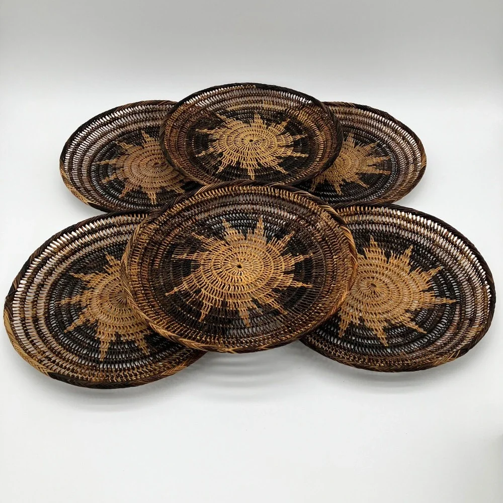 Vintage Woven Rattan Plate Chargers 12 Inch Brown Sunburst Wall Decor Set of 6