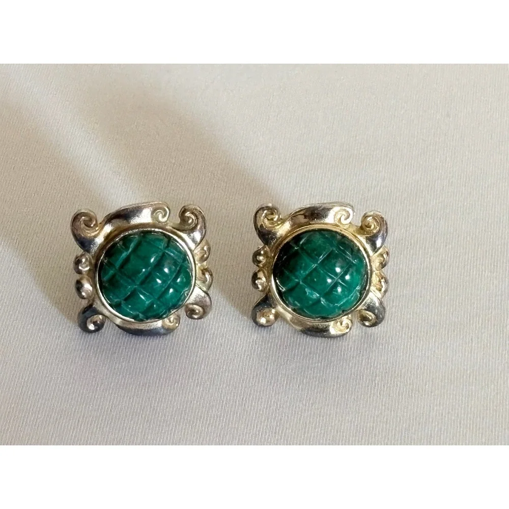 Stephen Dweck Sterling Silver‎ 925 Carved Green Agate Men's Cufflinks