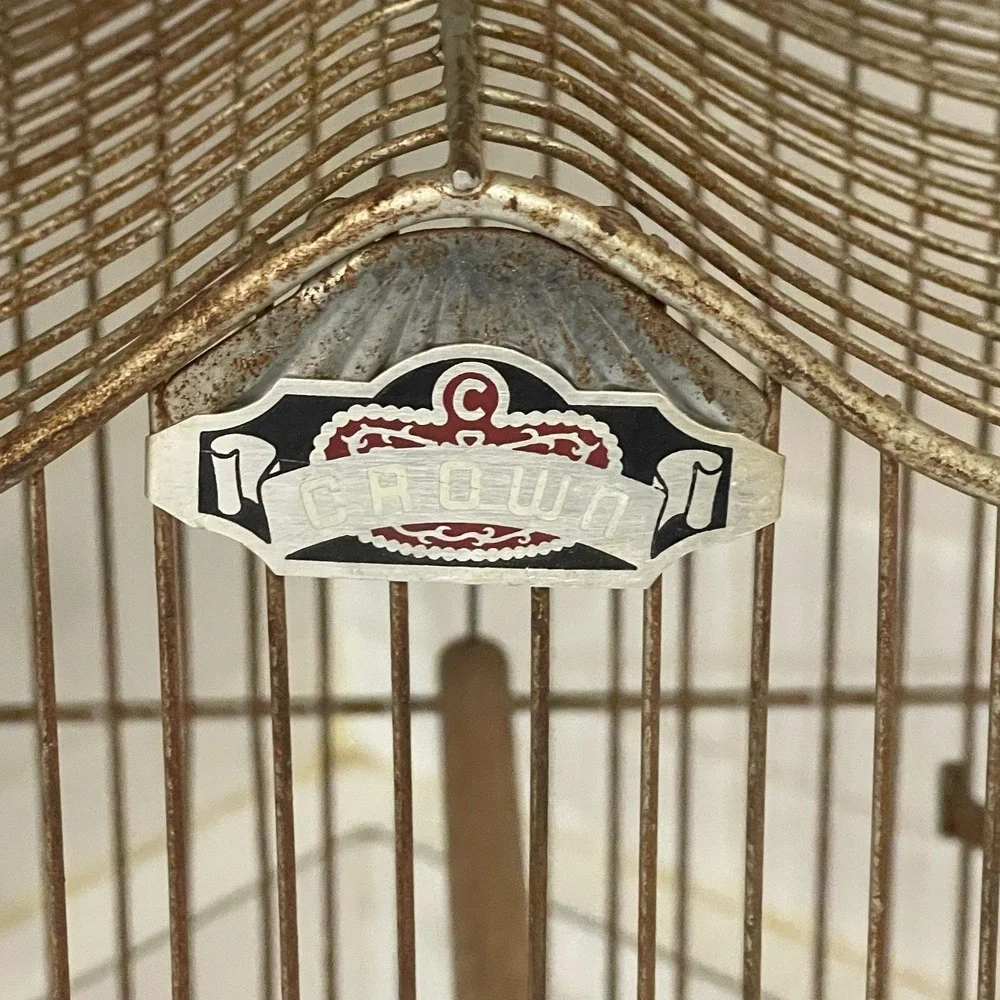 Vintage CROWN‎ Wire Bird Cage w Original Feeder Trays & Slide Tray Hang Hook