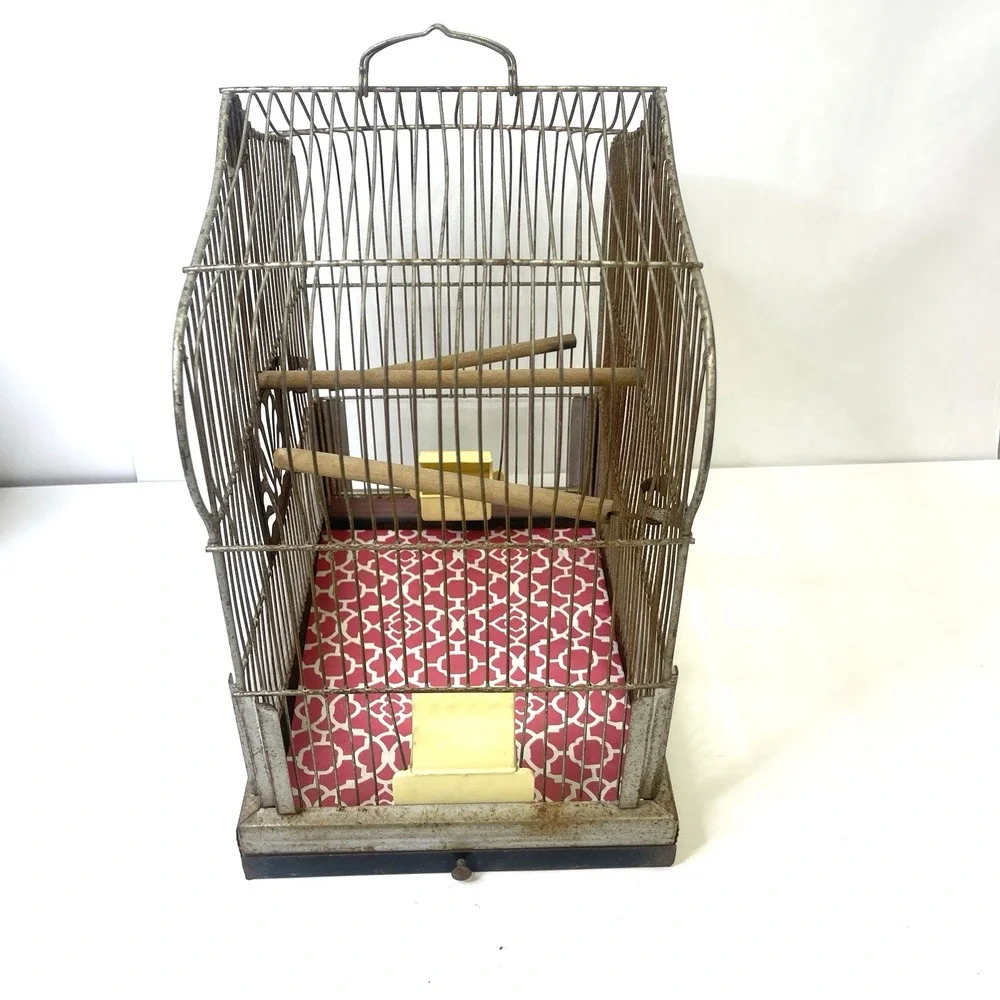 Vintage CROWN‎ Wire Bird Cage w Original Feeder Trays & Slide Tray Hang Hook