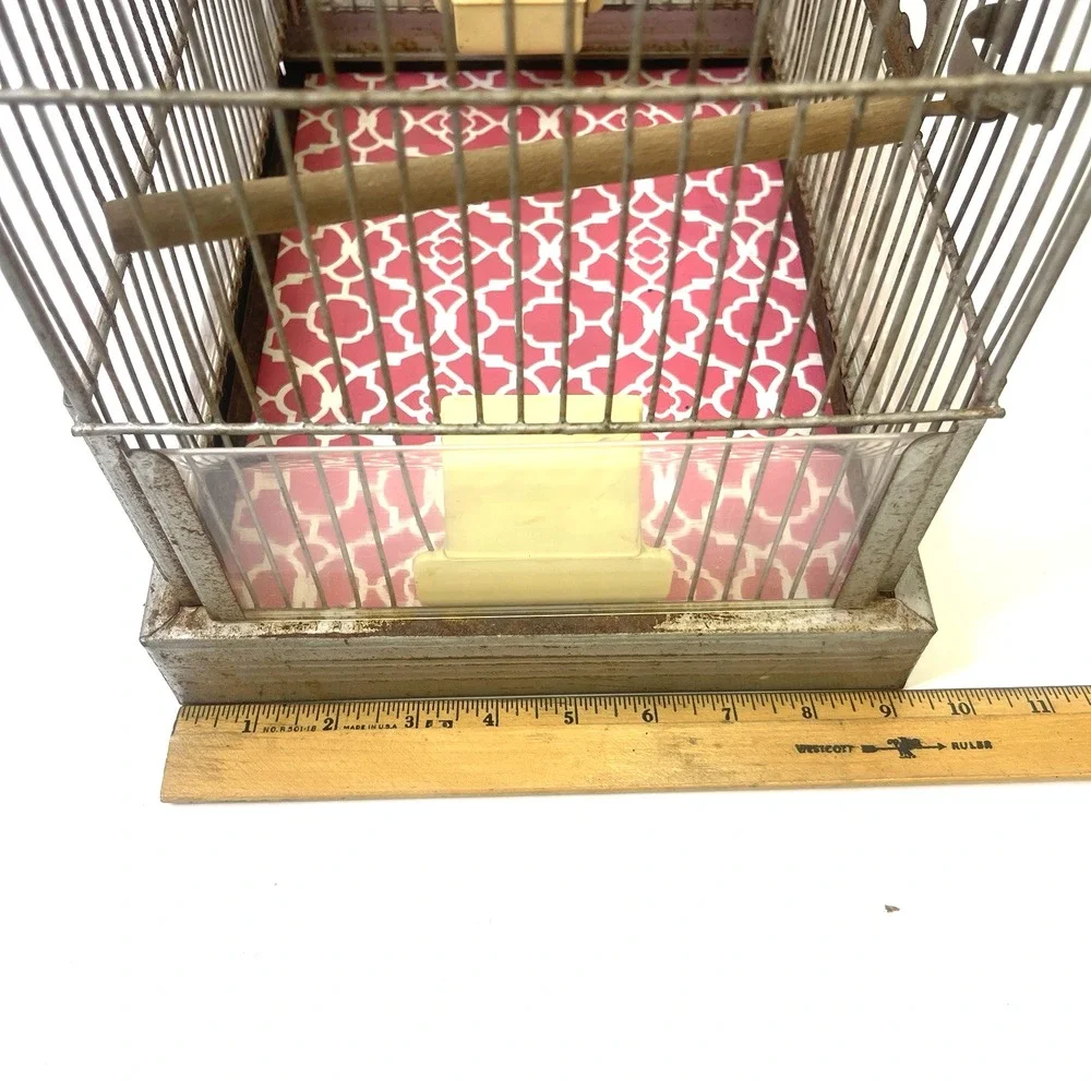 Vintage CROWN‎ Wire Bird Cage w Original Feeder Trays & Slide Tray Hang Hook