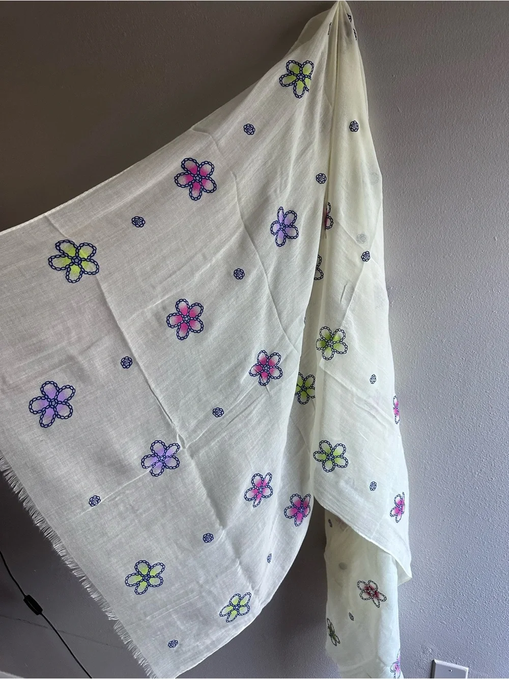 Lightweight Floral Embroidered Scarf - White with Pink & Green Flowers