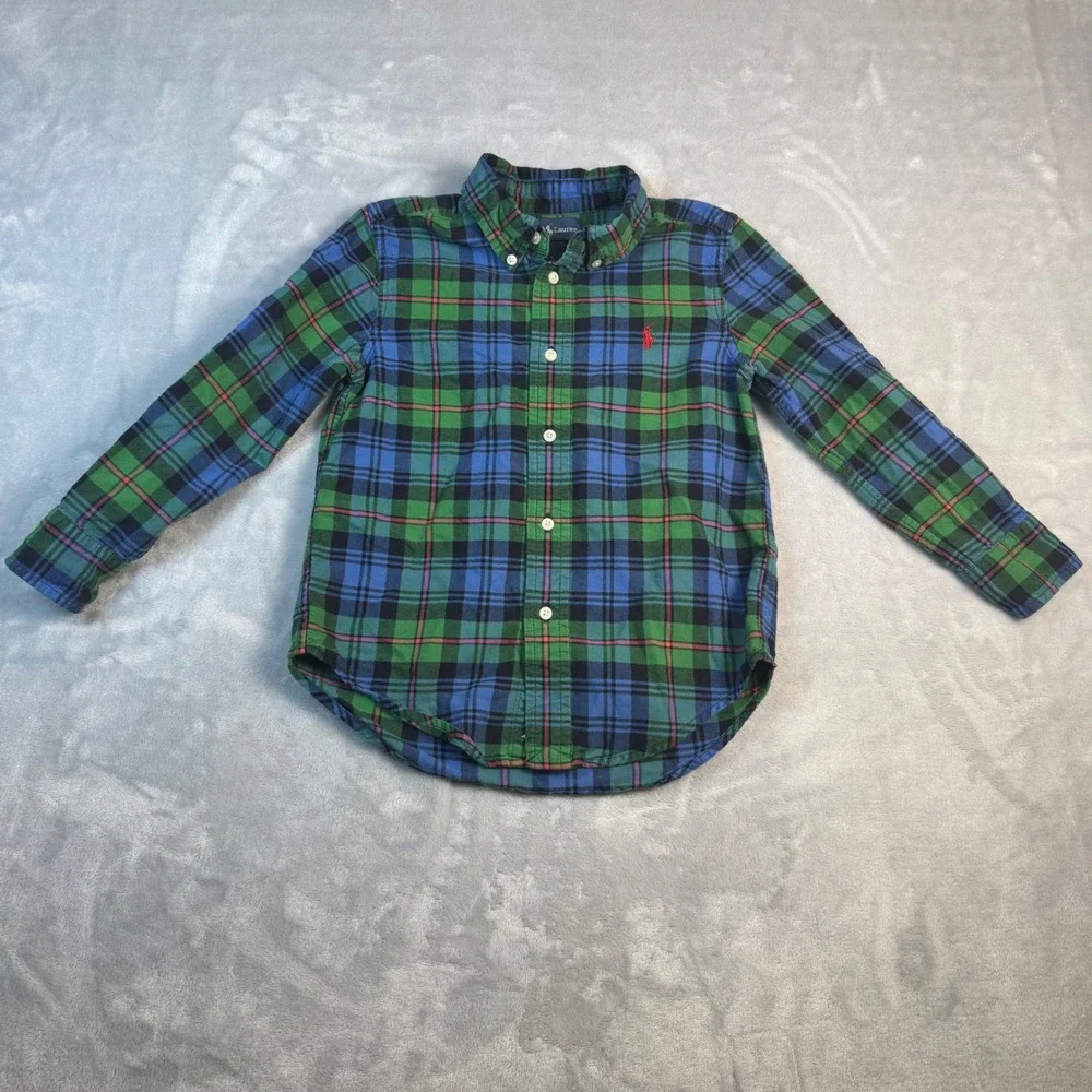 Ralph Lauren Button Down Shirt Boys Size Small Blue & Green‎ Plaid L/S