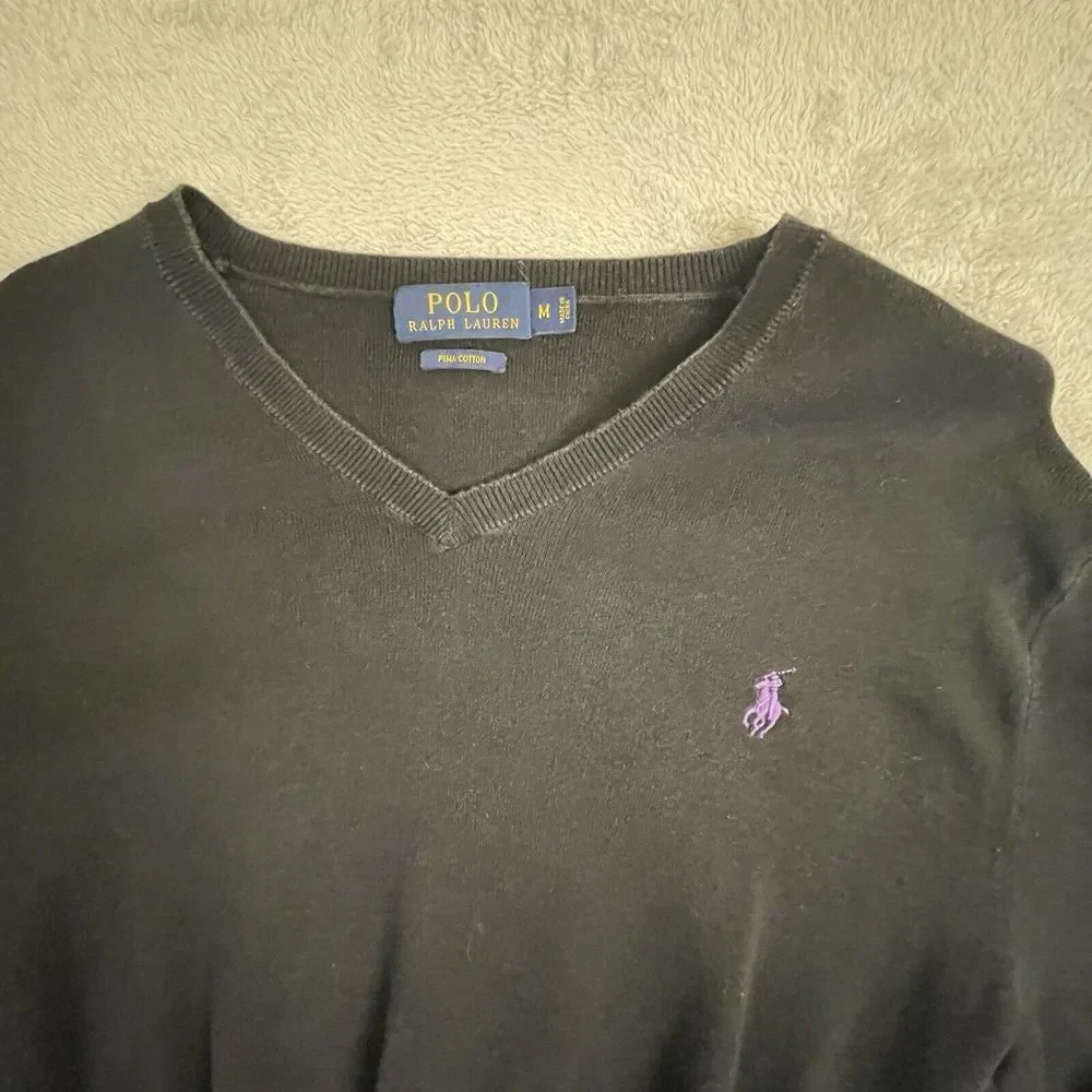 Polo Ralph‎ Lauren Men's Medium Jumper Navy Black Pima Cotton V Neck Pullover