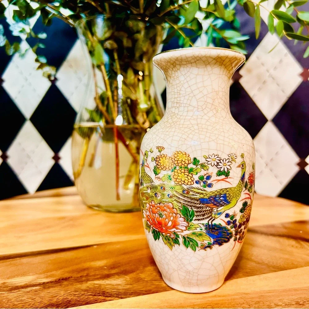 Vintage‎ Japanese Crackle-Glaze Peacock Vase