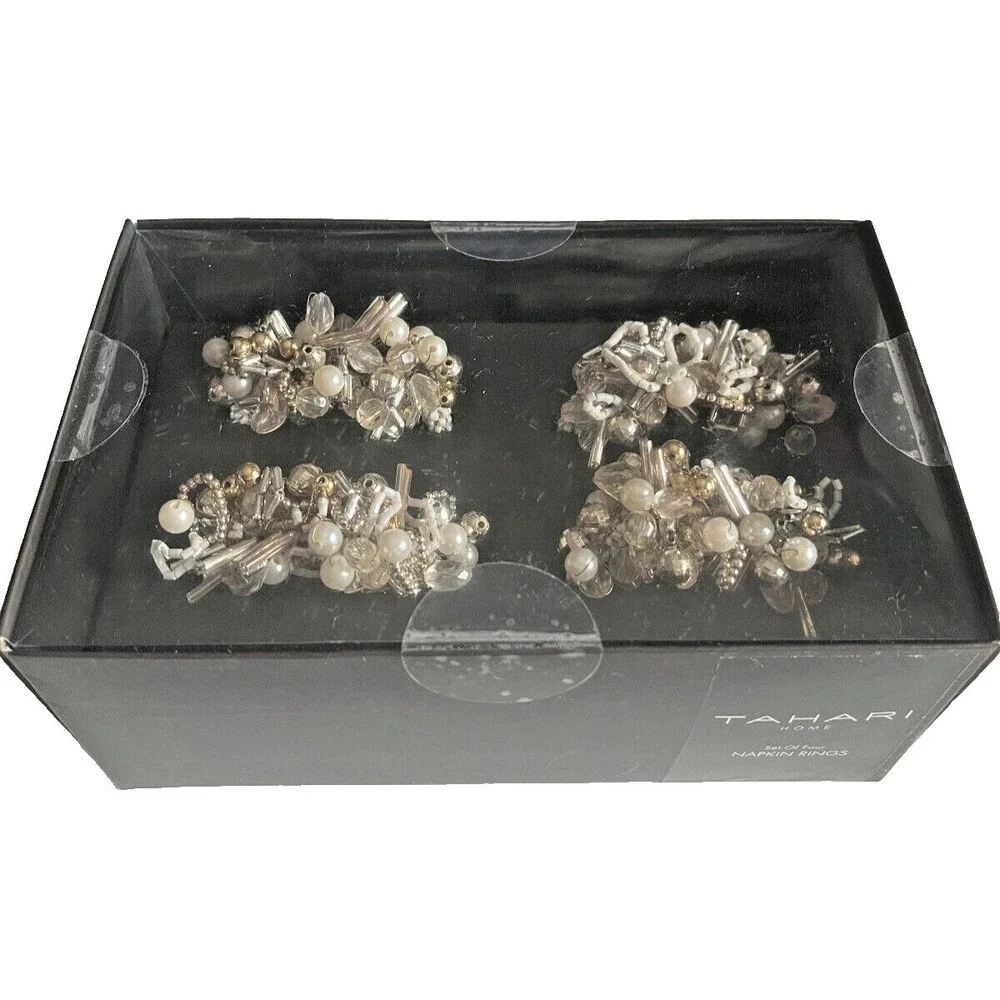 Christmas Tahari Beaded Napkin Rings Set of 4 Gold Silver White Beads 3