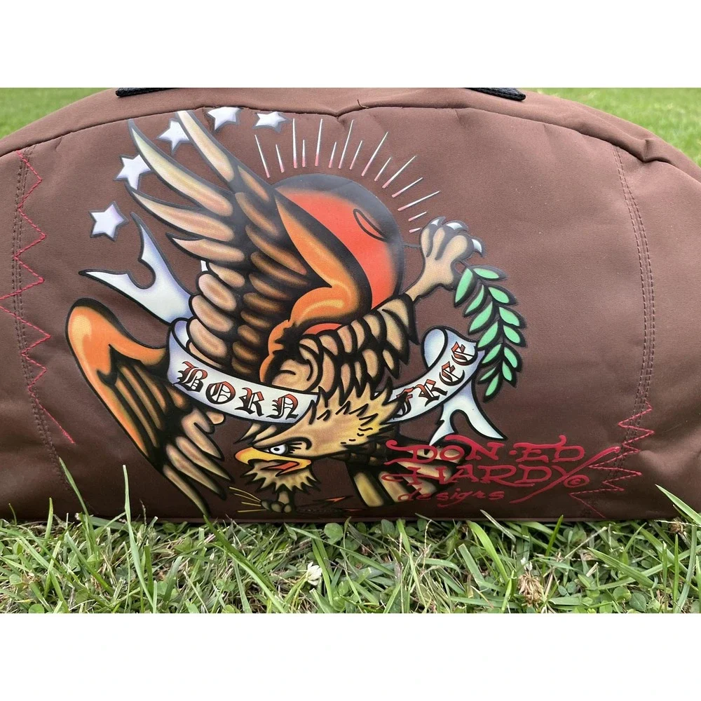 Ed Hardy Born Free Eagle Duffel Gym Bag Brown Tattoo‎ Art Weekender Travel Strap