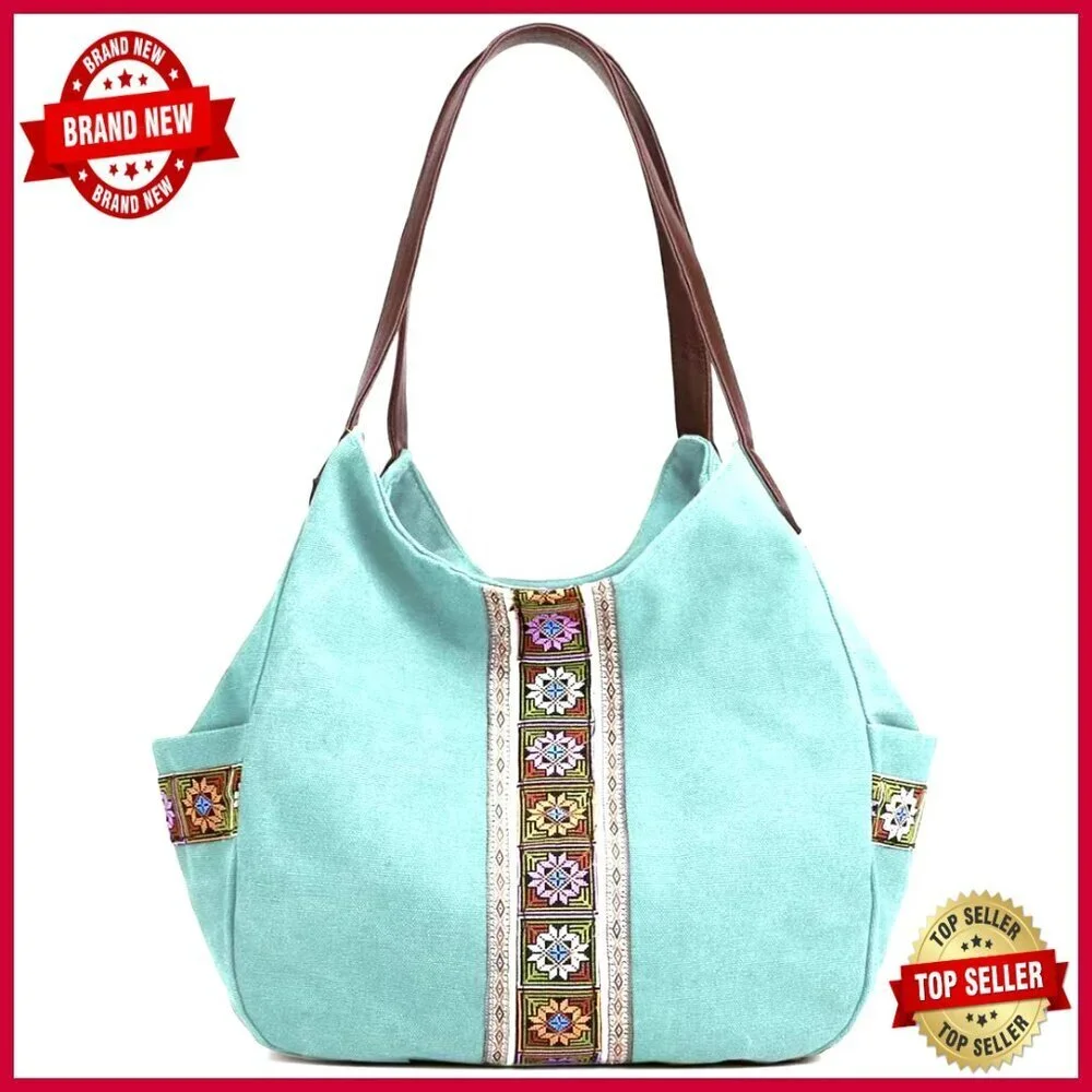 Canvas Hobo Tote Purse with Embroidery Multi Pocket Large Shoulder Bag