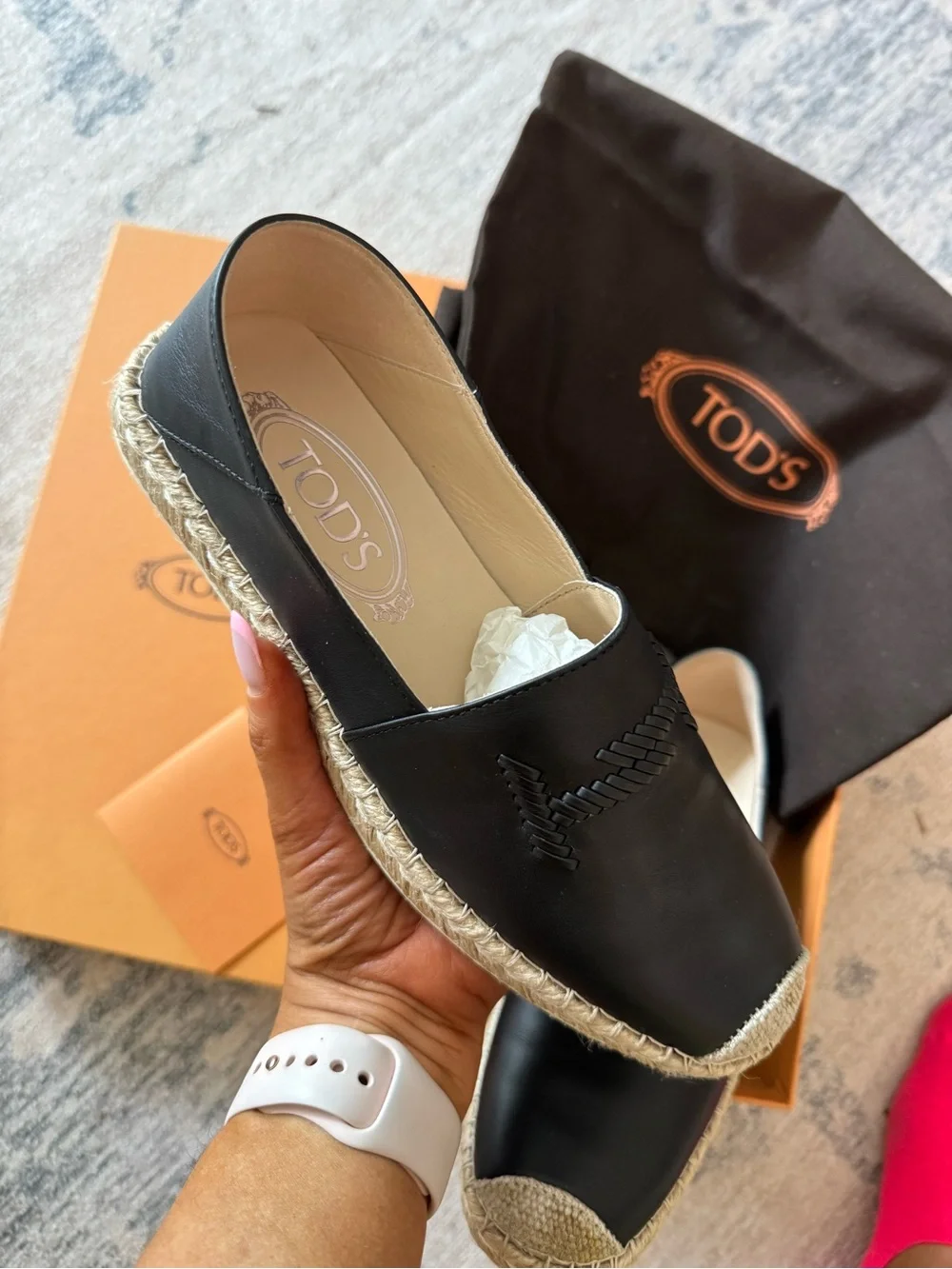 TOD'S Black Leather Espadrille Slip-On