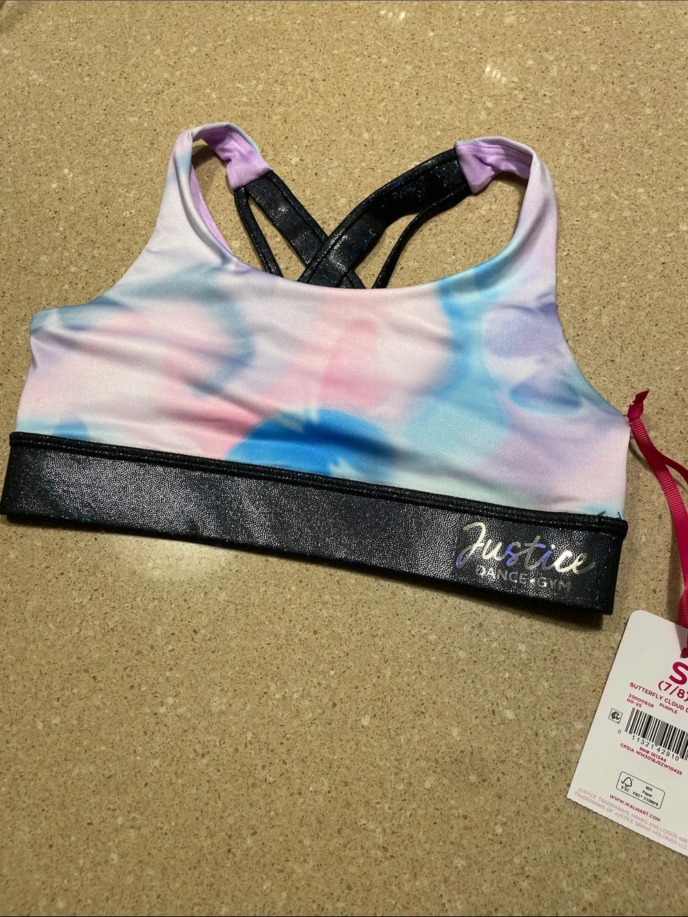 Justice Pastel Tie-Dye Sports Bra/Dance Tank with Black Shimmer Band