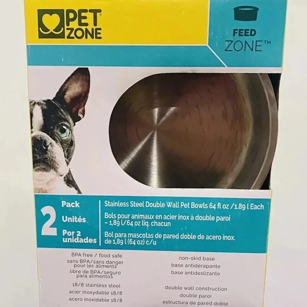 Pet Zone Non-Skid Stainless Steel Double Wall Feed Bowls 64 fl oz each (2 pack)