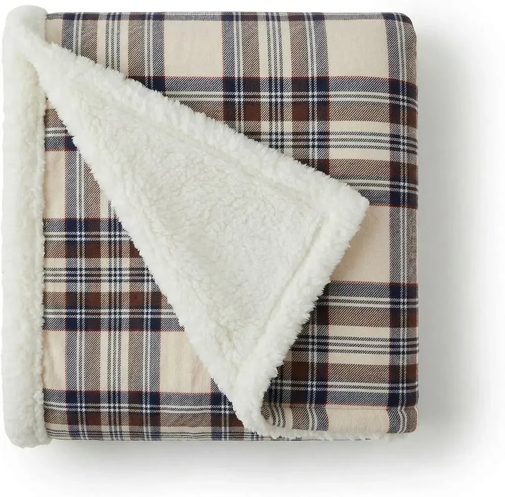 Eddie Bauer Edgewood Plaid Sherpa Throw Blanket 50x60 Flannel Fleece New