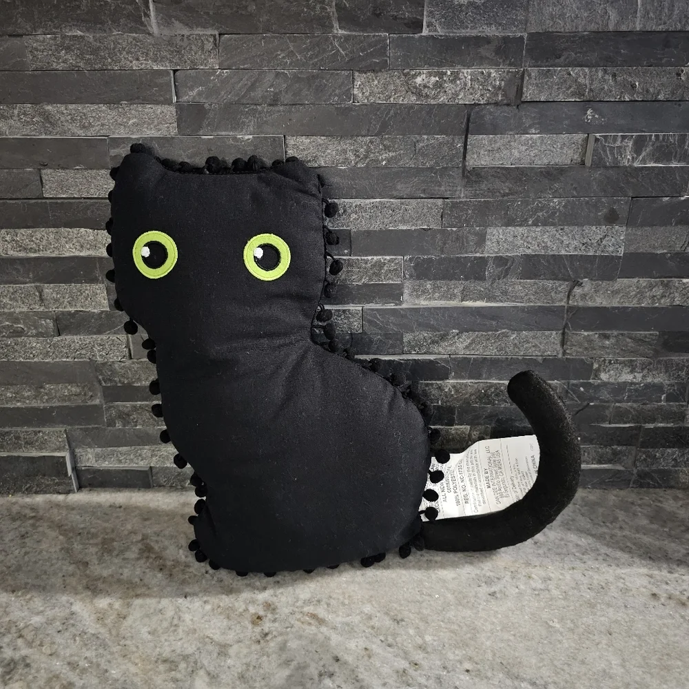 🐈‍⬛️ New Halloween Black Cat Shaped Throw Pillow w/ Pom Pom Trim & Tail – 14