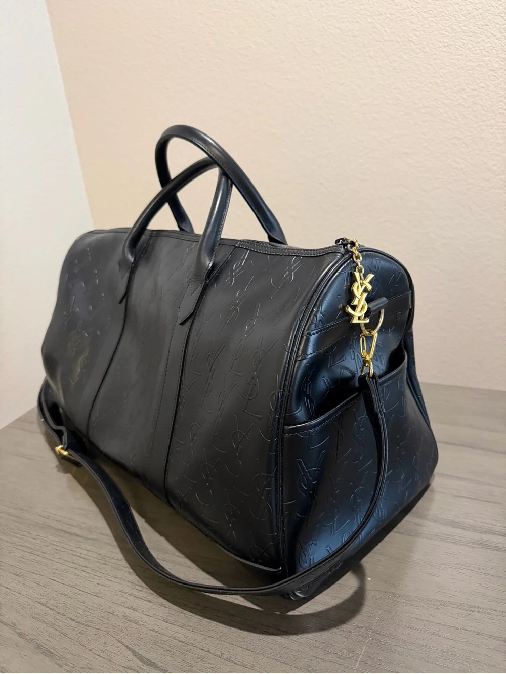 Saint Laurent YSL Black Embossed Leather Duffel Bag