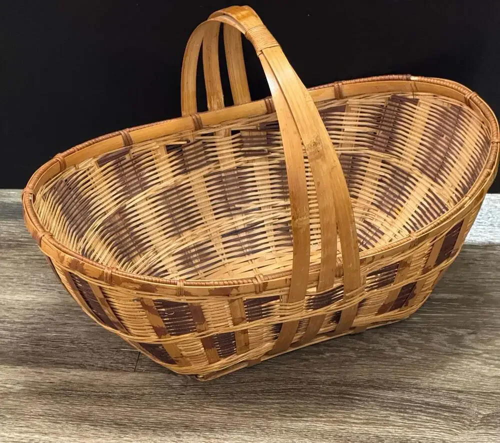 Vintage Handwoven Bamboo and Rattan Picnic Storage Basket with Double Handle