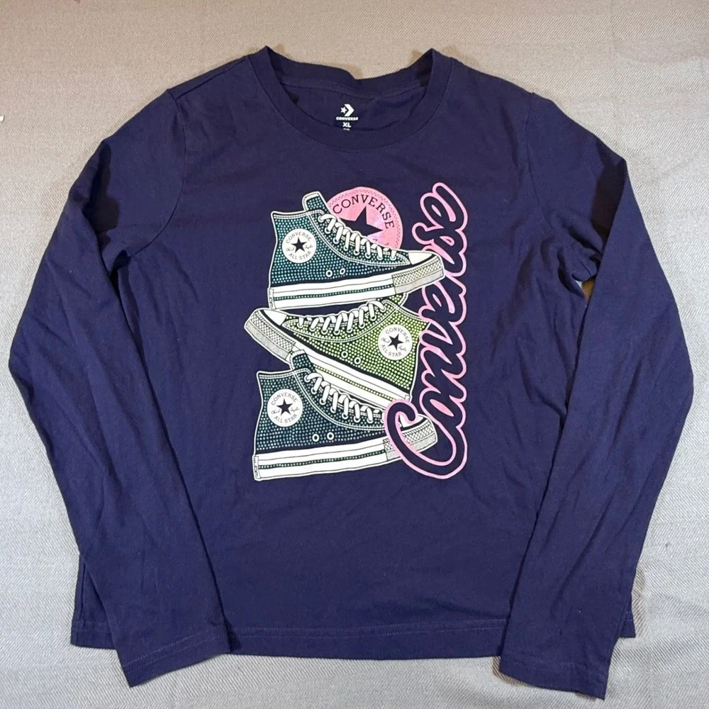 Converse Girls XL Navy Blue Long Sleeve Graphic Tee Chuck Taylor Sneakers 2348