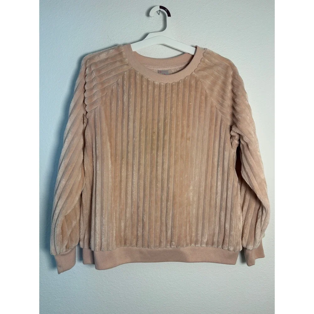 Justice Girls Pink Ribbed Faux Fur Fleece Pullover‎ Sweatshirt Size 14/16 L XL