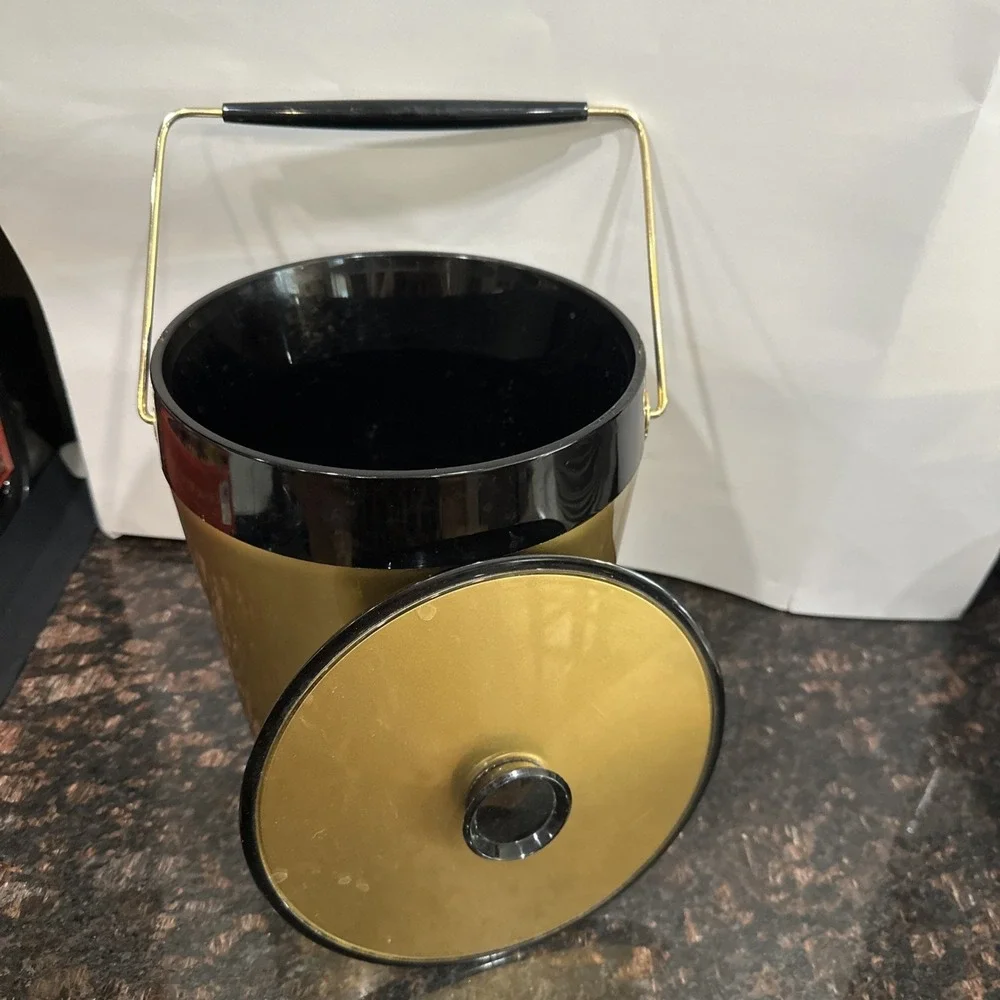 Vintage ice Bucket West Bend Thermo Serv Atomic Gold Black Mid-Century Barware