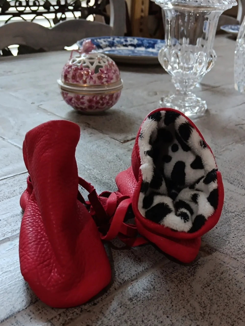 Geier Glove Co. Red Leather Baby Moccasins Dalmatian Print Fleece