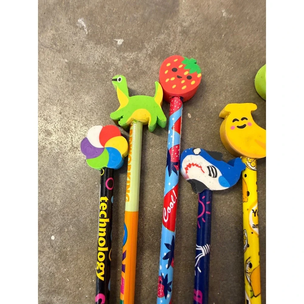 Novelty Pencils with Erasers Set of 7 Shark Dinosaur Fruit Butterfly School Fun