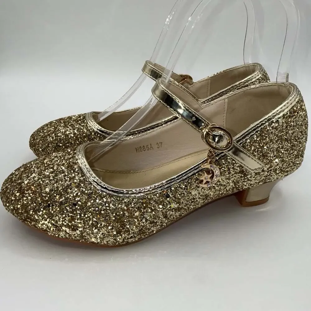 Gold Glitter Mary Jane Big Girls EU 37 Low Heel Dress Shoes Princess Party