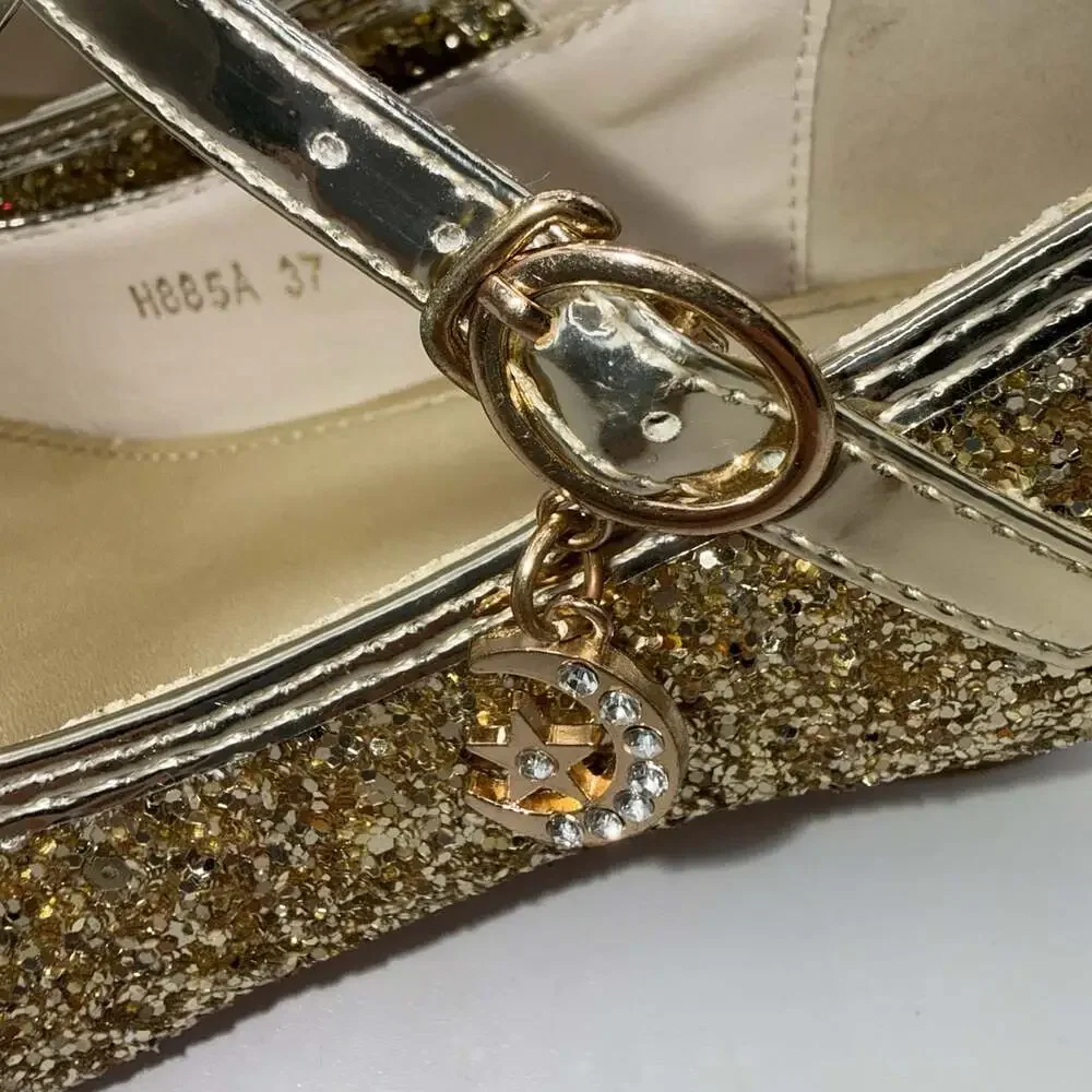 Gold Glitter Mary Jane Big Girls EU 37 Low Heel Dress Shoes Princess Party