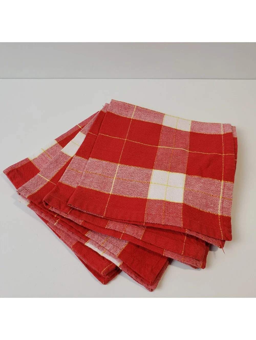 Set of 4 Napkins Cotton Blend Red Buffalo Checked  Yellow Ticking Stripe Picnic