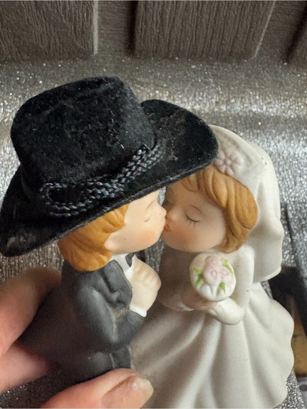 Vintage Romantic Bride and Groom Cake Topper in White and Black Cowboy