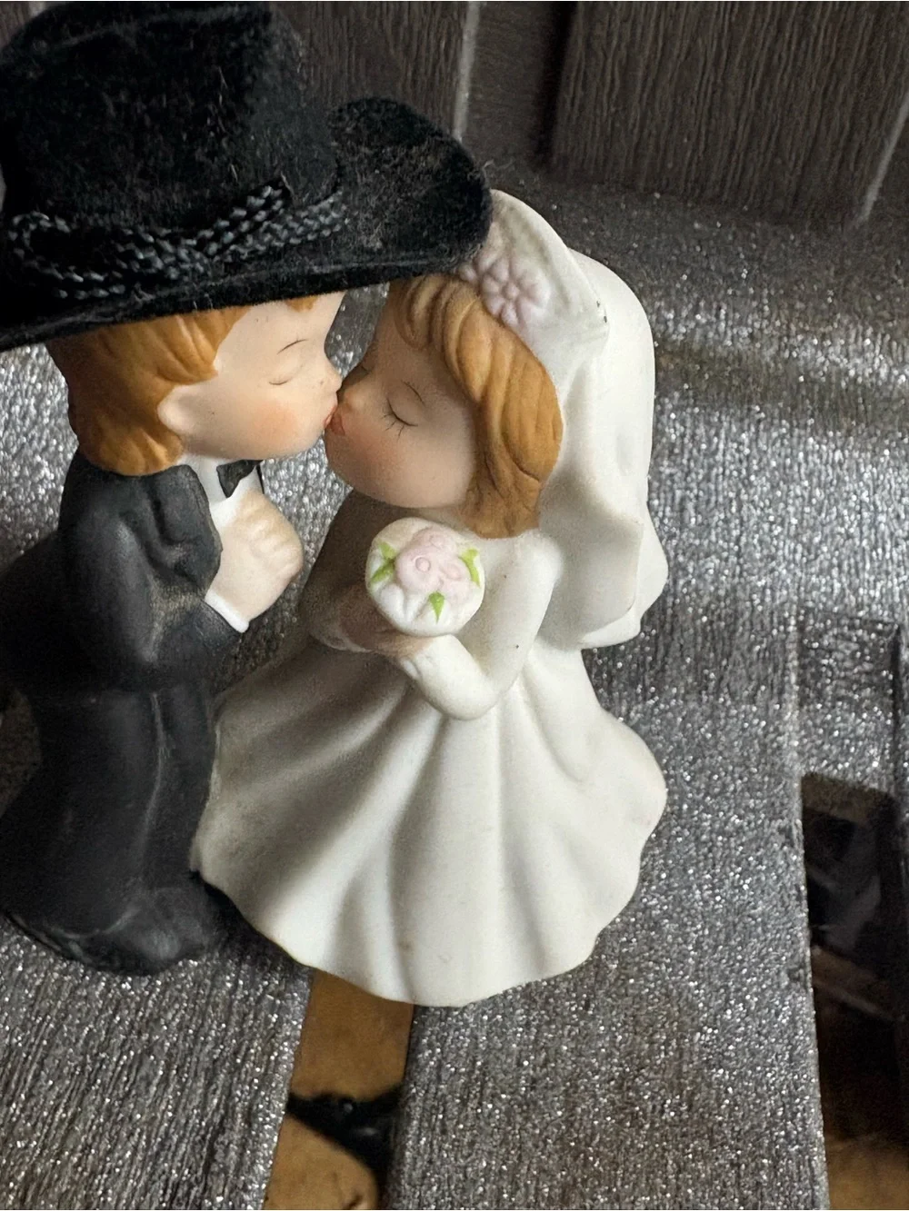 Vintage Romantic Bride and Groom Cake Topper in White and Black Cowboy