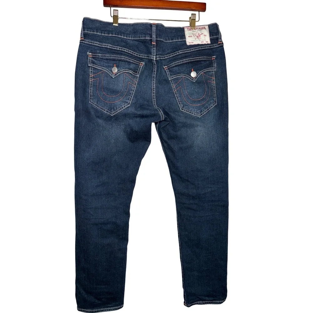 NWOT True Religion Mens 36 Geno Relaxed Slim Jeans Dark Wash Orange Stitch Y2K