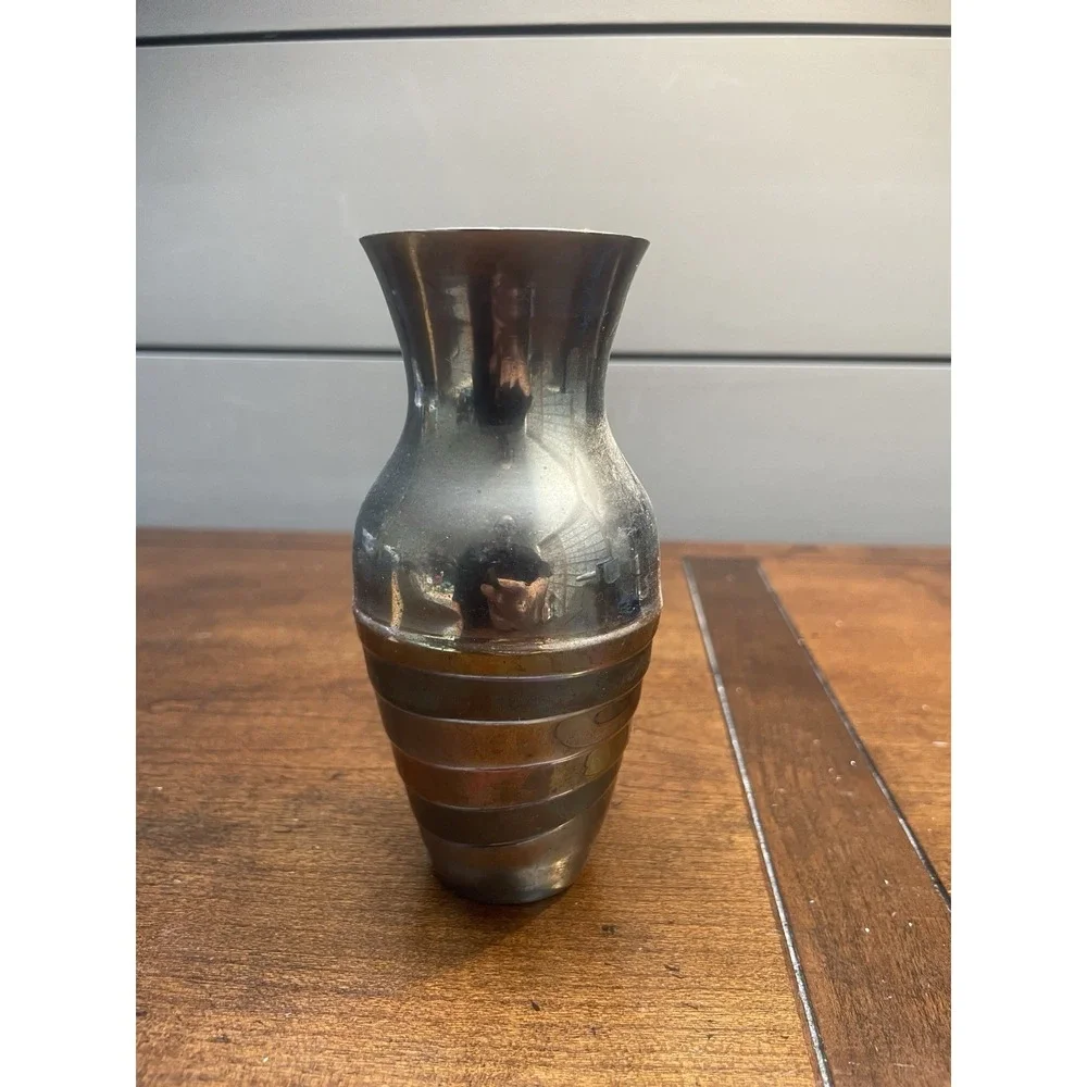 Vintage Striped Solid Brass Mid Century Vase Jar Modern -5.5