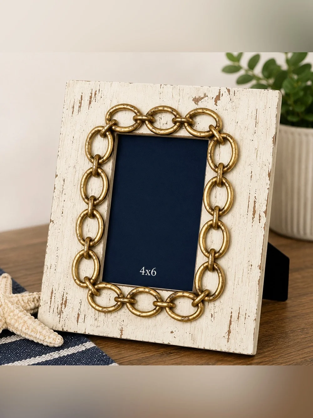 Sheffield Home Distressed Wood‎ & Gold Chain Link 4x6 Picture Frame