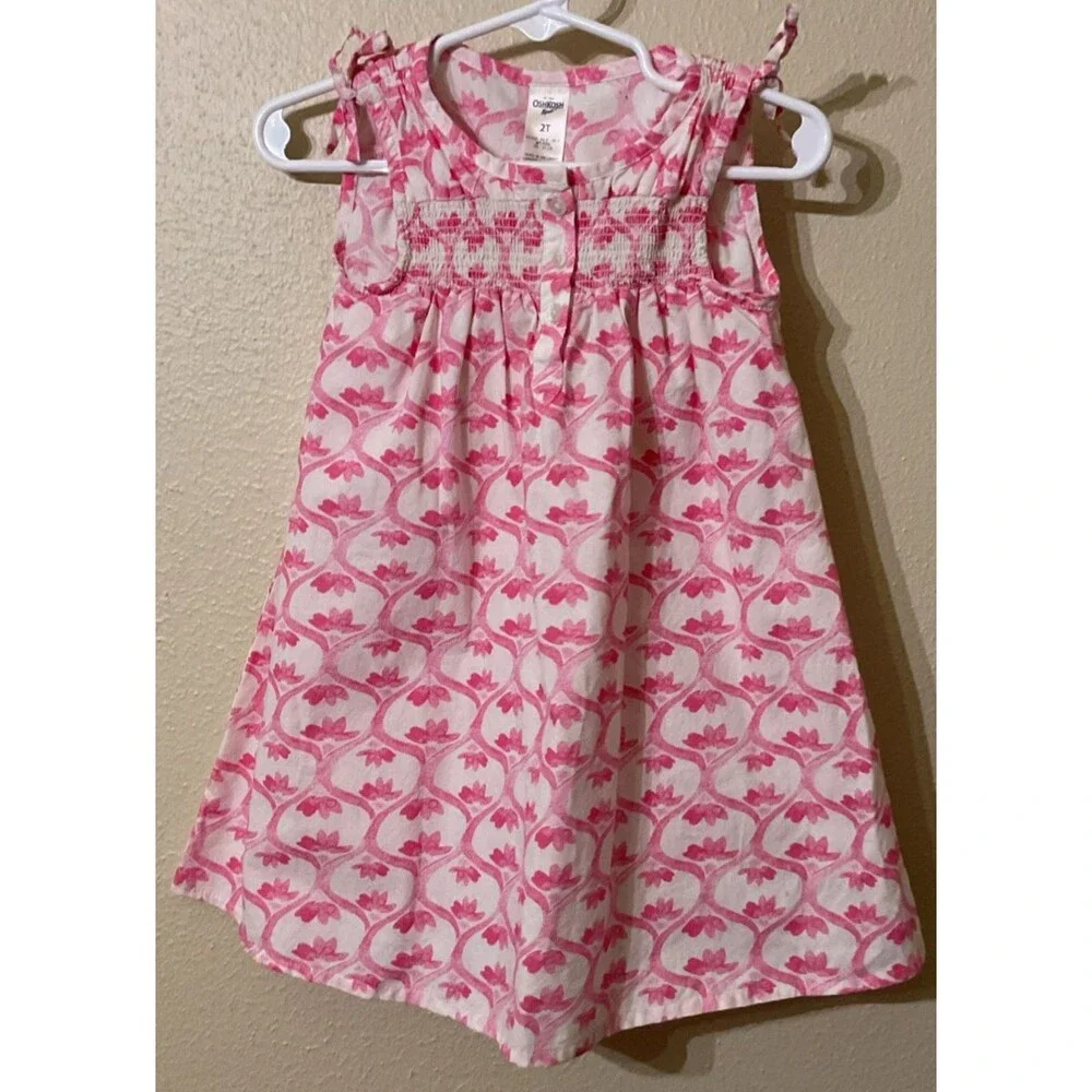OshKosh B’gosh Toddler Girls Pink Lotus Flower Ribbon Smocked Sundress Size 2T