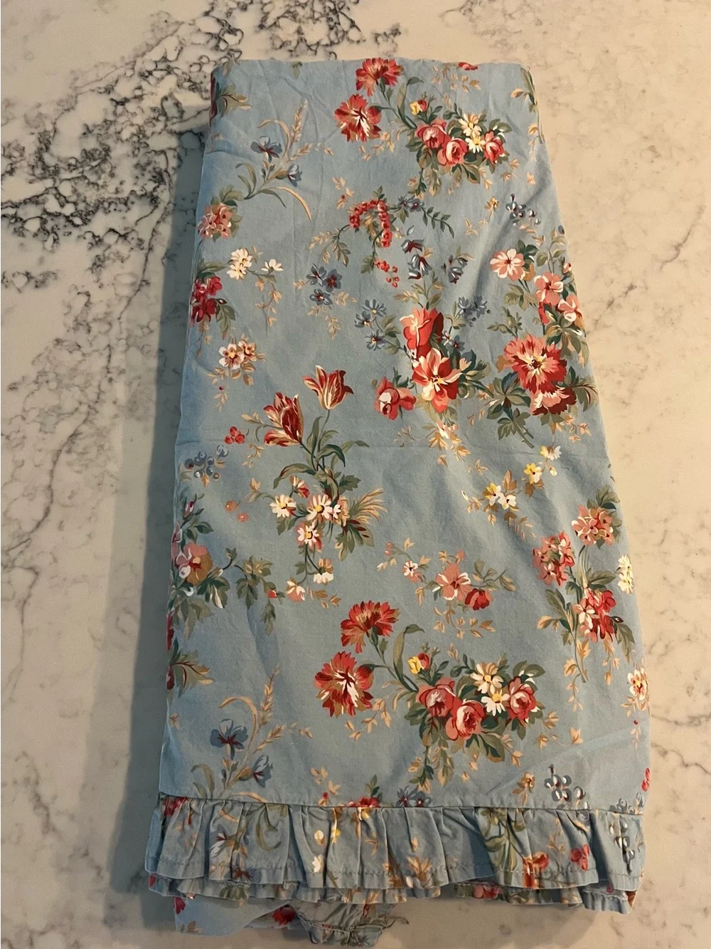 Ralph Lauren Yvette Queen Blue Multicolored Floral Ruffled Flat Sheet USA Made
