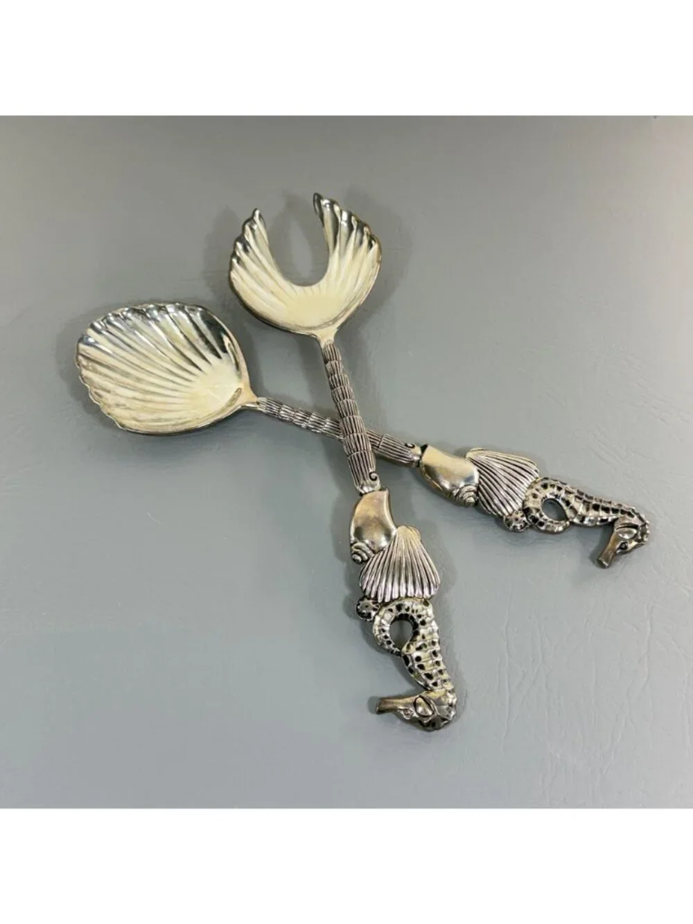 Vintage Godinger Silver Seahorse Shell Salad Serving Set Fork Spoon 11